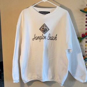 EUC VINTAGE B.U.M. Equipment textured sweatshirt with a "Hampton Beach" graphic.
